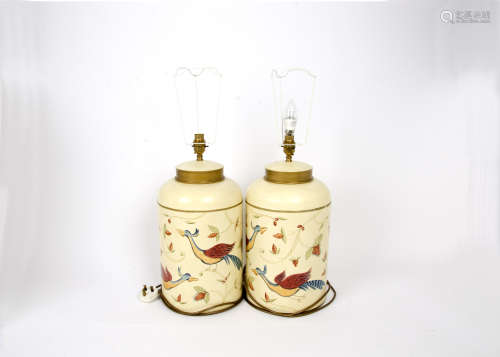 A pair of Woolpit Interiors of Suffolk lamp bases, both tea canisters hand painted with a scene of a