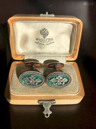 Russian Enamel Oval Green Gold Diamond Cufflinks