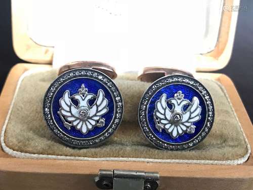 Russian Gold Enamel Blue Diamond Cufflinks