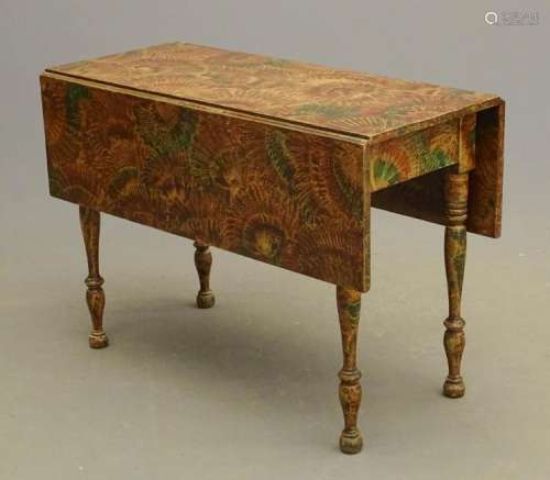 19th c. Dropleaf Table In Vinegar Paint Decoration