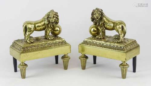 Pair Brass Fireplace Lions