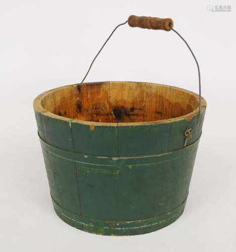19th c. Swing Handle Bucket In Old Green Paint