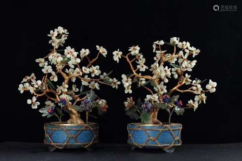 Pair Of Agate Miniascape In Enamel Cloisonne Planter