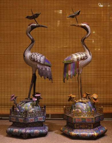 Pair of Enamel Cloisonne Bronze Cranes