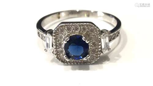 DAZZLING BLUE AND WHITE CZ ART DECO STERLING RING