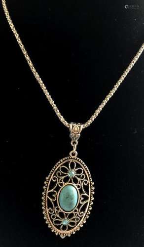 PRETTY TURQUOISE ACCENT FILIGREE PENDANT NECKLACE