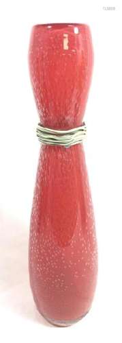 LOVELY SIGNED GLASS WRAP NECK BRIGHT RED VASE