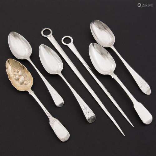 Georgian Sterling Serving Spoons and Meat Skewers, Plus