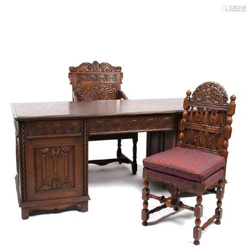 Kittinger  Carved Oak Desk and Chairs