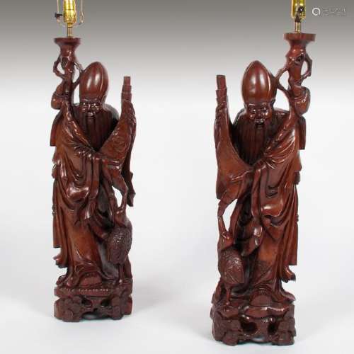 Pair of Carved Hardwood Shou Xing Mounted as Lamps