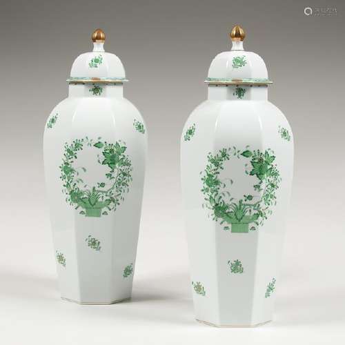 Pair of  Herend  Lidded Urns,  Indian Basket  Green