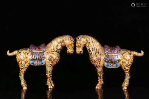 PAIR CLOISONNE HORSE SHAPED ORNAMENTS