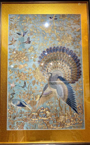 A GILDED BIRD AND FLORAL PATTERN YUE EMBROIDERY