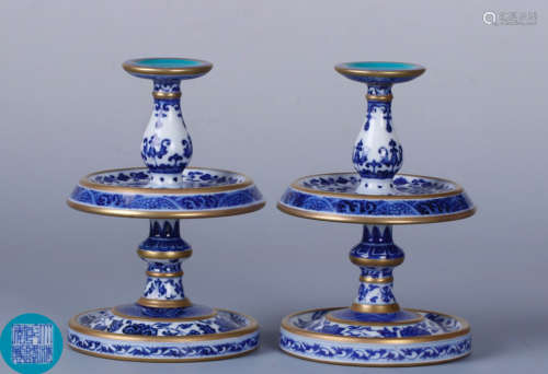 PAIR GILT BLUE AND WHITE CANDLE HOLDERS