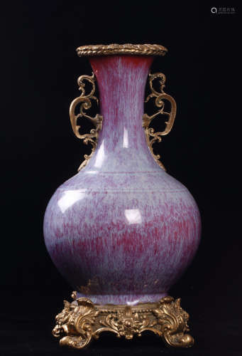 A FLAMBE-GLAZED VASE WITH METAL DECORATION