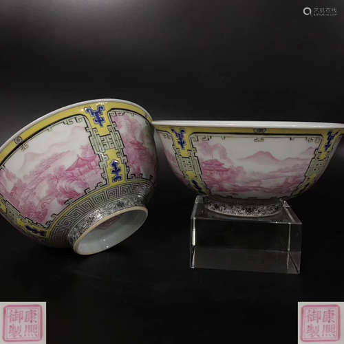 PAIR LANDSCAPE PATTERN ENAMELED BOWLS