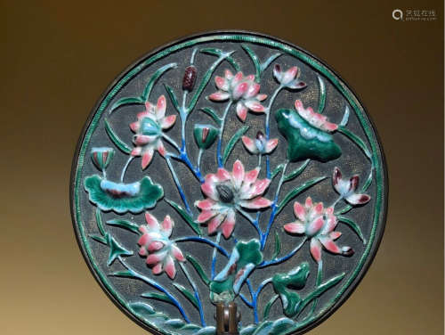 A CLOISONNE CASTED MIRROR WITH JADE HOLDER