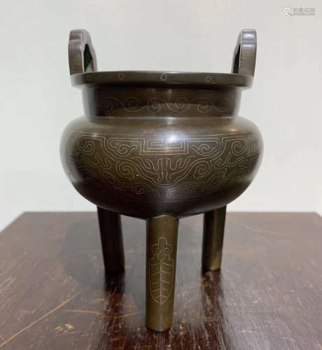 A BRONZE CASTED GILT SILVER TRIPOD CENSER