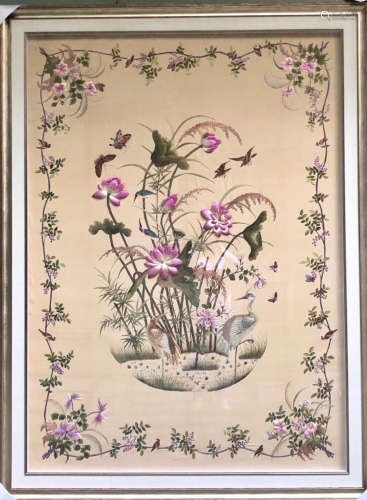 A FLORAL AND CRANE PATTERN EMBROIDERY