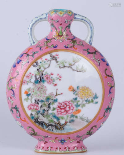 17-19TH CENTURY, A DOUBLE EAR&PINK PORCELAIN FLAT VASE , QING DYNASTY