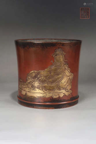 A BRONZE GUANYIN PATTERN BRUSH POT