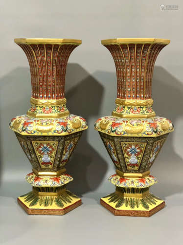 A PAIR OF FLORAL PATTERN YELLOW GLAZED GU VASES