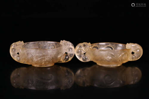 17-19TH CENTURY, A PAIR OF OLD CRYSTAL DRAGON EAR CUPS, QING DYNASTY