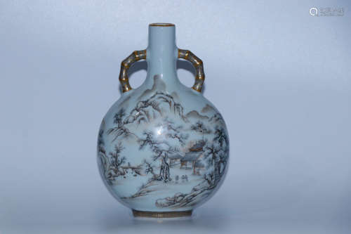 17-19TH CENTURY,A LANDSCAPE& CHARACTERS STORY PATTERN FLAT VASE , QING DYNASTY