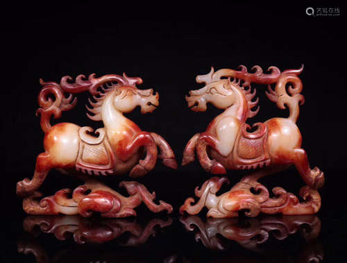 202BC-220AD, A PAIR OF OLD TIBETAN HORSE&SWALLOW DESIGN HETIAN JADE ORNAMENTS, HAN DYNASTY