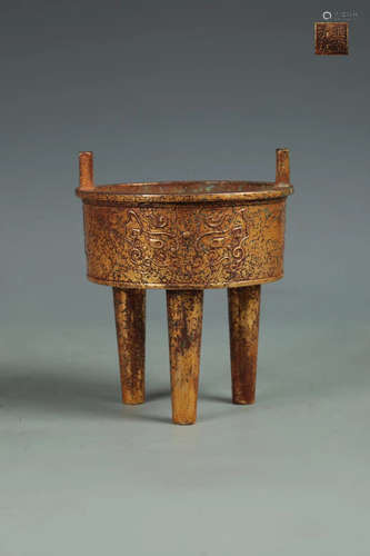 A BEAST PATTERN TRIPOD GILT BRONZE FURNACE