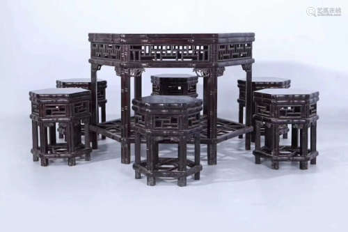 17-19TH CENTURY, A SET OF BAMBOO JOINT PATTERN ROSEWOOD TABLE&CHAIRS , QING DYNASTY