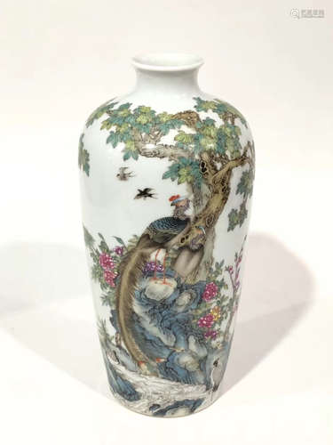 17-19TH CENTURY, A BIRDS PATTERN PINK PORCELAIN PLUM VASE            , QING DYNASTY