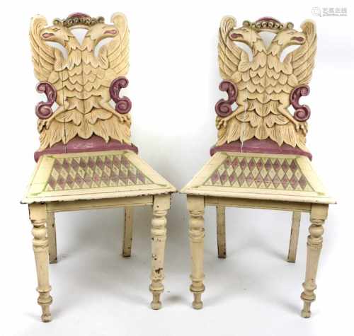 2 Brettstühle mit Doppeladler um 1880weiß u. partiell farbig lackiertes Holz, große trapezförmige