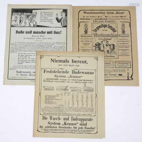 3 Angebots- Blätter Fa. Louis Kraussteils illustriert, mit Preisen u. Abb. über Waschmaschine,