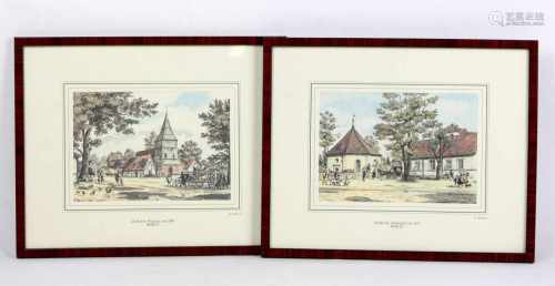 2 Stiche nach alten Berliner Ansichtencoloriert, dabei Dorfkirche Wittenau um 1840 sowie