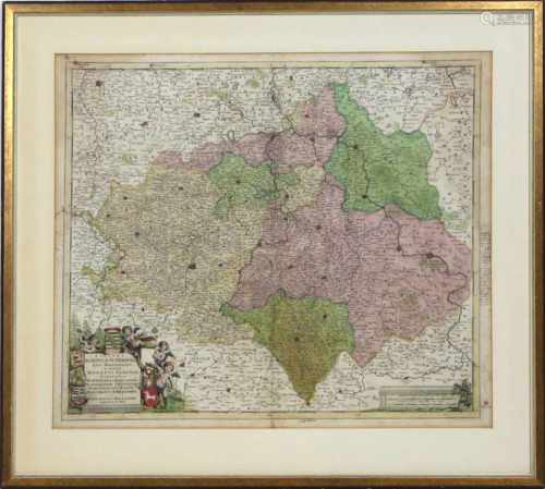 Saxonia Karte im RahmenKupferstich-Karte von altem Grenz- u. Flächenkolorit, um 1685, links unten in
