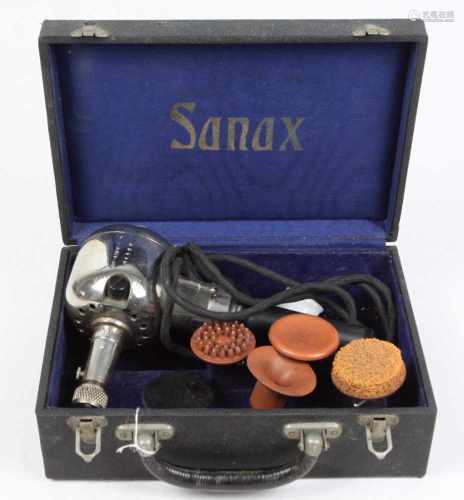 Massagegerät *Sanax* 1930er Jahremehrteilige Ausführung im Original Koffer, dieser innen ebenso