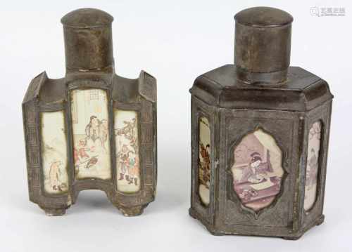 2 antike Teedosen um 1900gegliederte sowie partiell reliefierter Zinnkorpus in verschiedenen