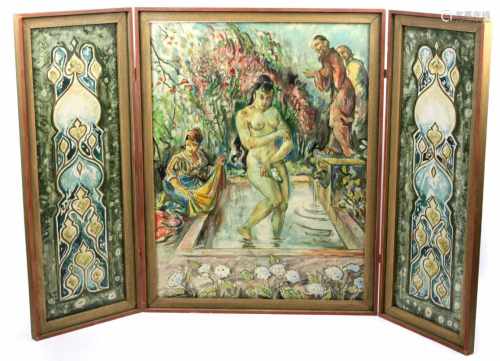 Triptychon - unbekannter KünstlerÖL/Hartfaser, bei dem Bade sowie Ornamente, Mitte ca. 63 x 82 cm,