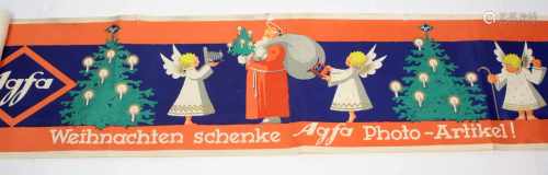 3 Werbeplakate Agfafarbig lithgraphiert, dabei ein langschmales mit Weihnachtsmotiven ca. 33 x 181