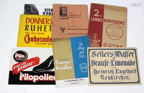 10 Teile Werbungteils vor 1945, Pappe u. Papier lithographiert, dabei Pilo, Chabesade, Selters