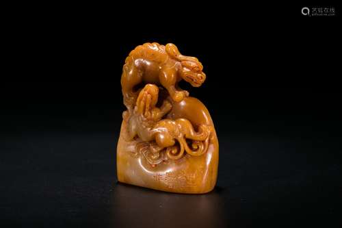 A Jade Carved Seal Surmounted By An Animal