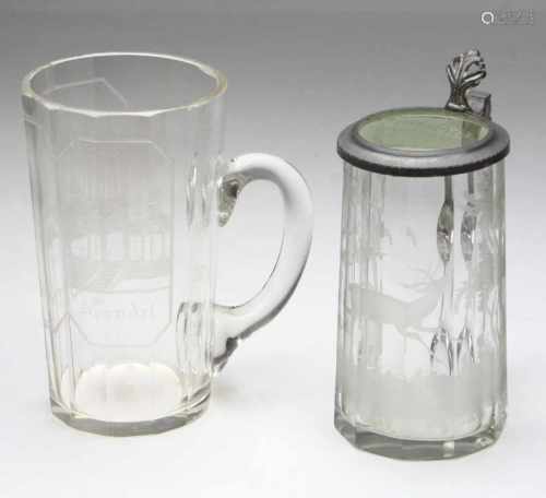 2 Bäderbecher Karlsbad um 1880farbloses Glas mundgebalsen, geschnittener Boden u. beidseitig