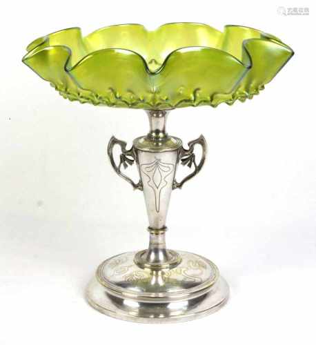 Jugendstil Tafelaufsatz Wilhelm Kralik um 1910grünes Glas mit Noppenband u. strahlenfömig