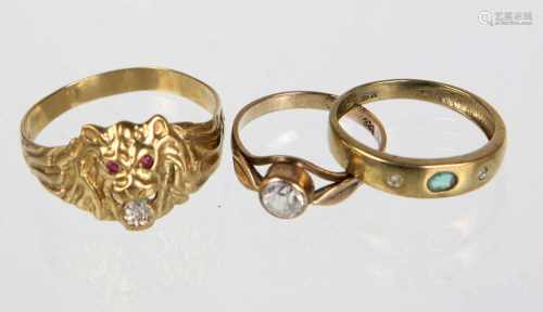 3 Ring mit Besatz - GG 333in Gelbgold 333 (8 Karat) gearbeitet u. punziert, verschieden als