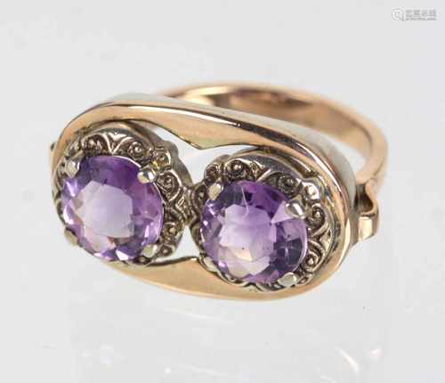 Amethyst Ring - GG 333in Gelbgold 333 (8 Karat) gearbeitet u. punziert, Brückenring mit langovalem