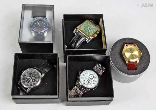 5 Herren Armbanduhrenmoderne, ungetragene Herrenarmbanduhren mit Quartzwerken, Hersteller