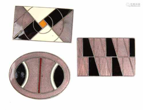 3 Art Deko Emaille Broschenrechteckige u. ovale Form mit klassischen geometrischem Formen emailliert