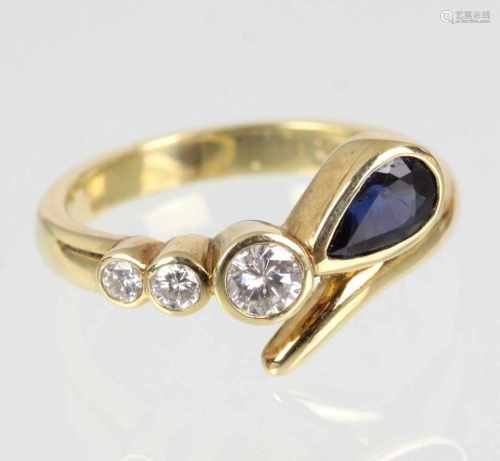 Saphir Brillant Ring - GG 585in Gelbgold 585 (14 Karat) gearbeitet u. punziert sowie Goldschmied