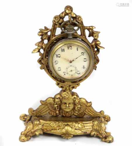 Historismus Uhrenständer um 1880Eisenguß goldfarben gefasst, Aufsteller mit Floralwerk u. -kranz